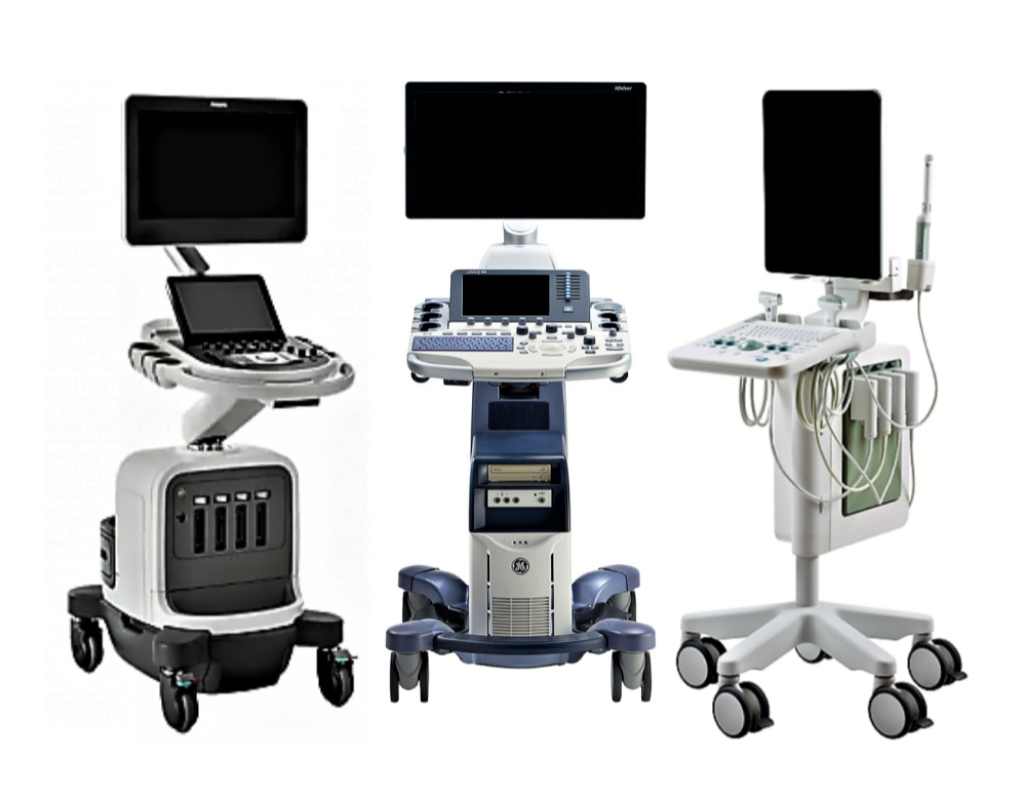 Line up of 3 ultrasound machines.